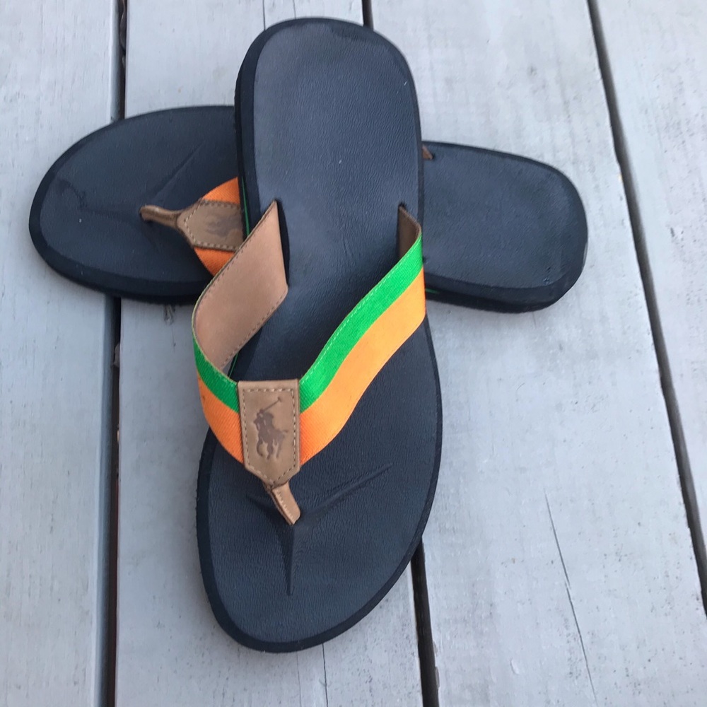 Polo Ralph Lauren Sullivan Orange Green Flip Flops Sandals - Picture 2 of 4